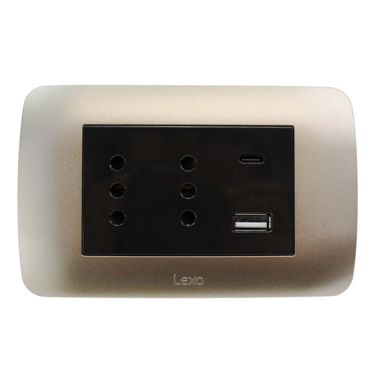 Enchufe Embutido Duplex 2p+t 10a + 2 USB Café / Titanio Armado - Lexo
