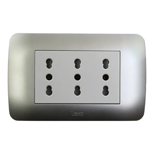 Enchufe Embutido Tríplex 2p+t 16a Blanco / Plata Armado Metal - Lexo