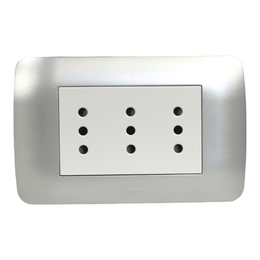 Enchufe Embutido Tríplex 2p+t 10a Blanco / Plata Armado Metal - Lexo